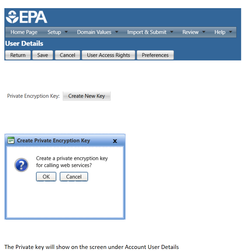 WQX Web User Details page showing the private encryption key workflow.